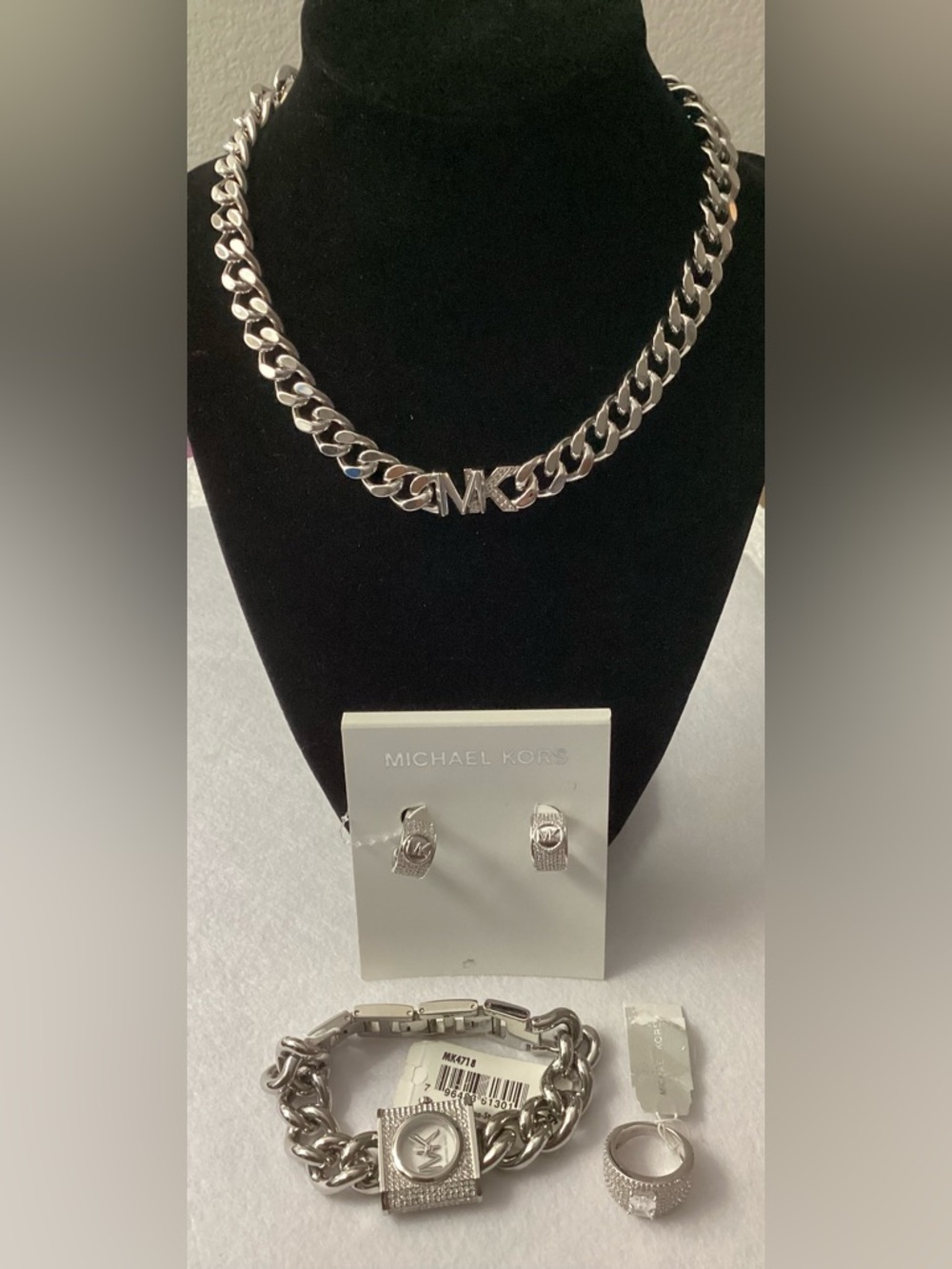 Michael Kors Silver-Tone Chain Necklace, Watch, Ring & Earrings Set